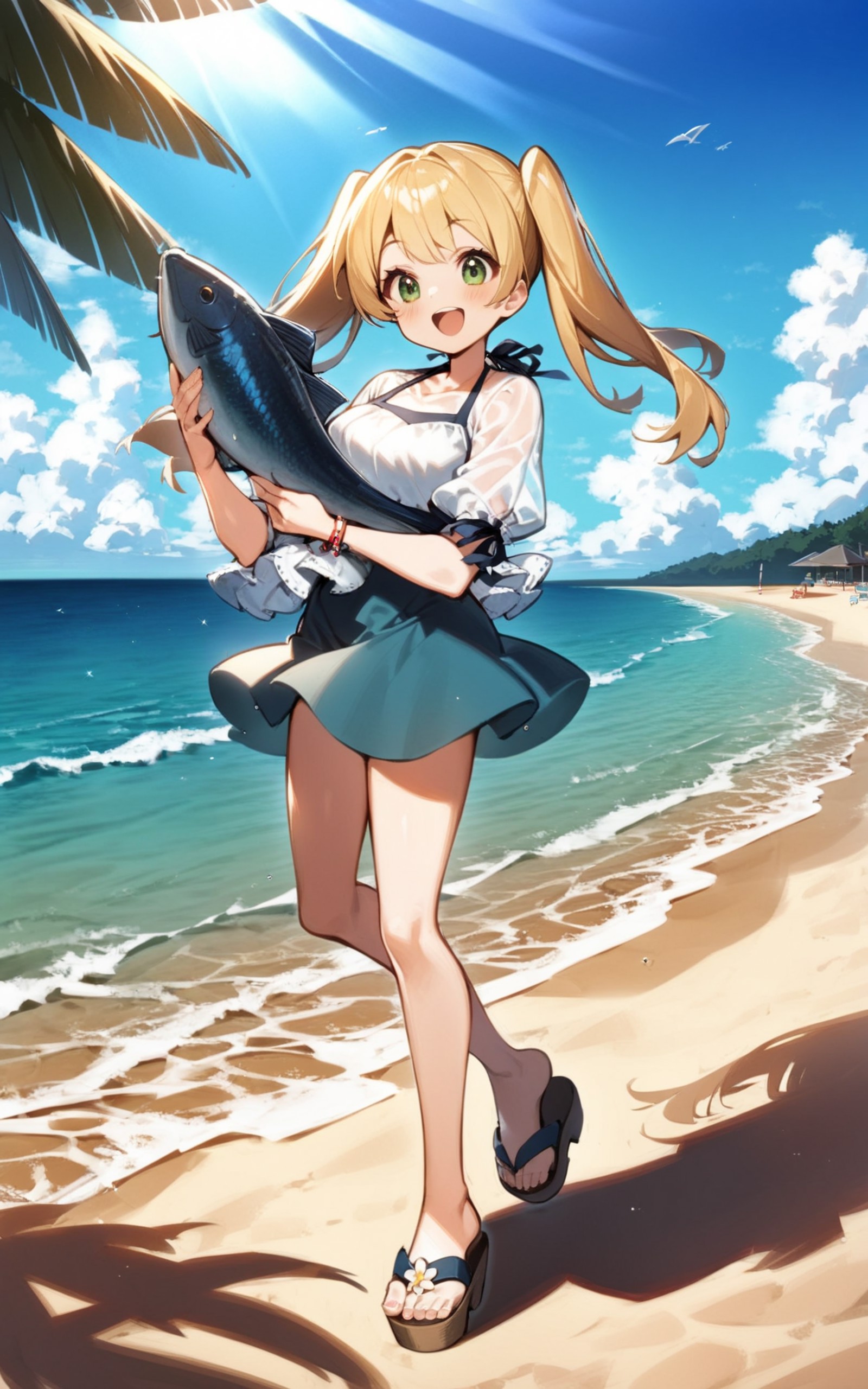 1girl, beach, blonde twintails, blouse, full body, sandals, holding fish,
(happy:0.5),
outdoors, sunlight